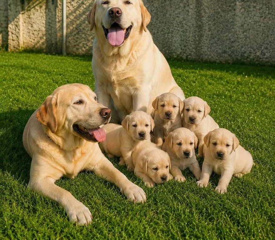 Labrador Retriever adulti con la cucciolata nel giardino di Vic Lab
